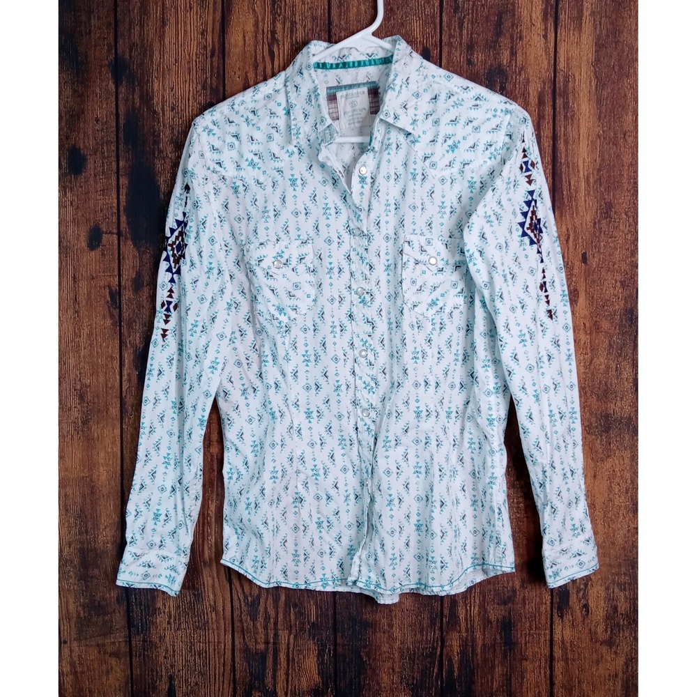 Panhandle Rough Stock Womens Small Southwestern Snap Western White Turquoise